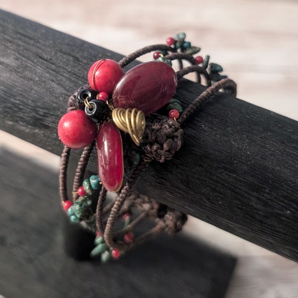 Vintage Cuff Bracelet Dark Tones with Red Beads